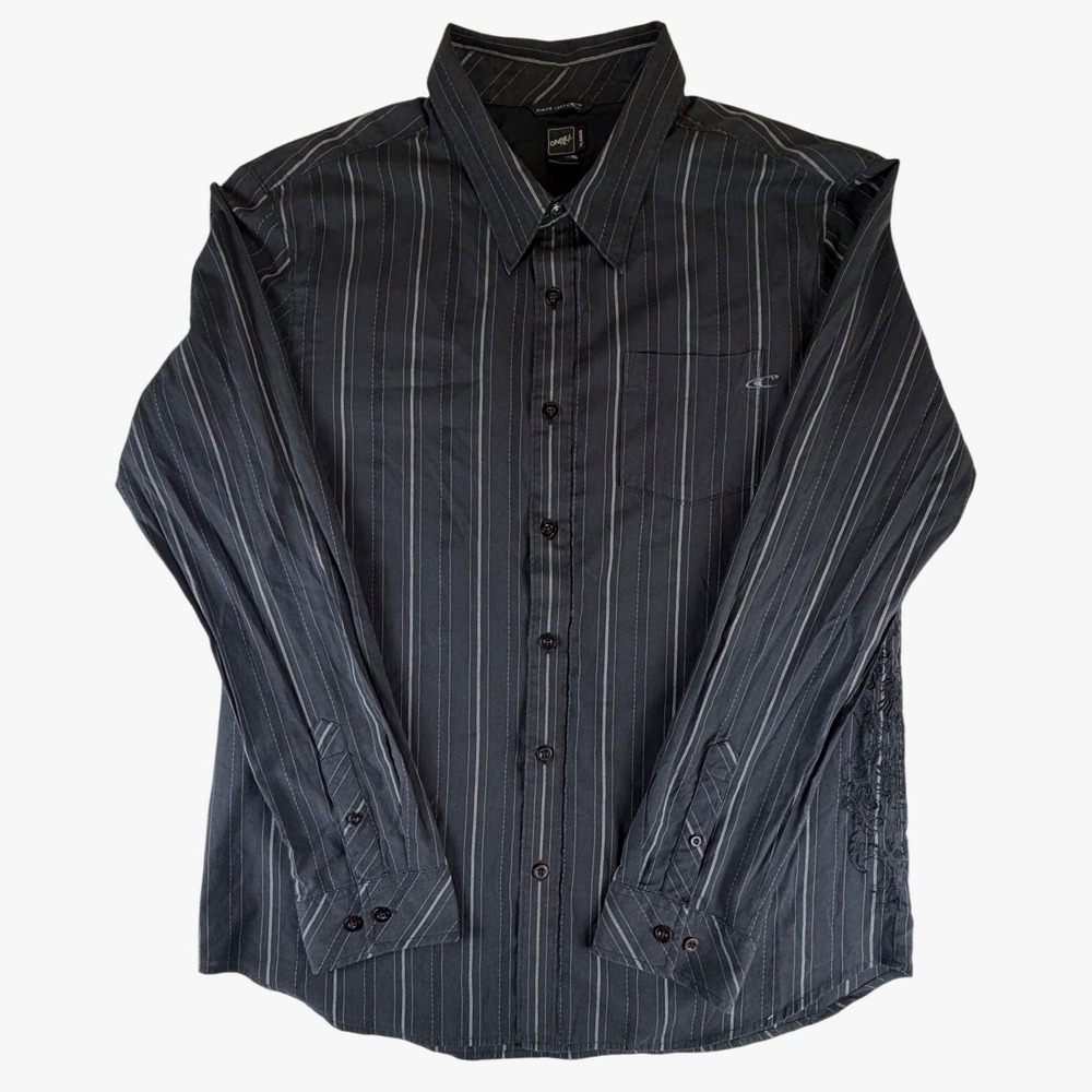 ONeill Mens XL Long Sleeve Button Down Shirt Pinstripe Embroidered Scroll Y2K